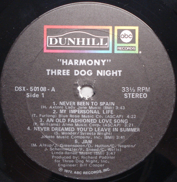 Three Dog Night : Harmony (LP, Album, RP, Tru)