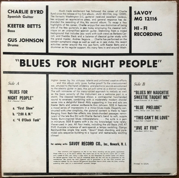 Charlie Byrd : Blues For Night People (LP, Album, Mono)